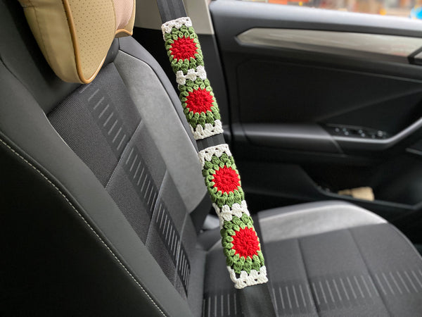 Handmade Crochet Steering Wheel Cover Christmas Granny Square Car Accessories Decor Safe Belt Cover