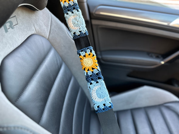 Sun Moon handmade car steering wheel cover, Car decoration, Blue Sun Moon seat belt cover, New car gift, Crochet car accessories, Gift